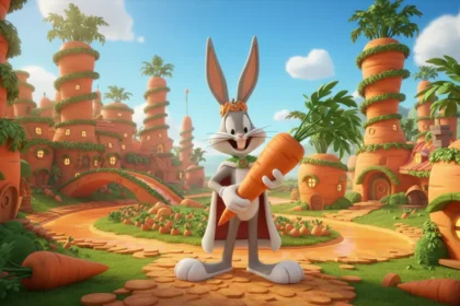 Bugs Bunny’nin Havuç Krallığı’nda arkadaşlarıyla birlikte doğayı koruyup büyük havuçlar yetiştirdiği 3D animasyon çocuk masalı görseli.