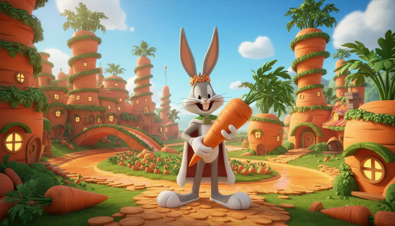 Bugs Bunny’nin Havuç Krallığı’nda arkadaşlarıyla birlikte doğayı koruyup büyük havuçlar yetiştirdiği 3D animasyon çocuk masalı görseli.