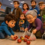 Markette sıra beklerken yaşlı bir teyzeye yardım eden küçük çocuğun sabır ve yardımseverlik temalı 3D animasyon görseli.