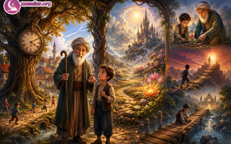Zamanı Tutan Derviş masalı için çocuklara zamanı doğru kullanmayı öğreten fantastik ve masalsı illüstrasyon