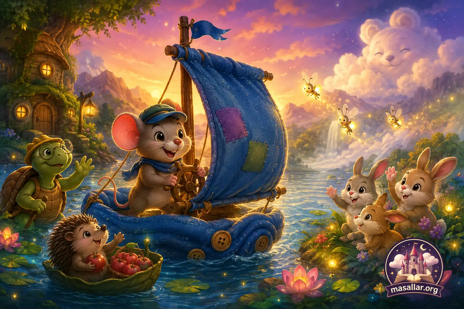 Jerry'nin battaniyeden yaptığı sihirli gemiyle dost hayvanlar arasında geçen fantastik ve eğitici çocuk masalını anlatan renkli yatay illüstrasyon.