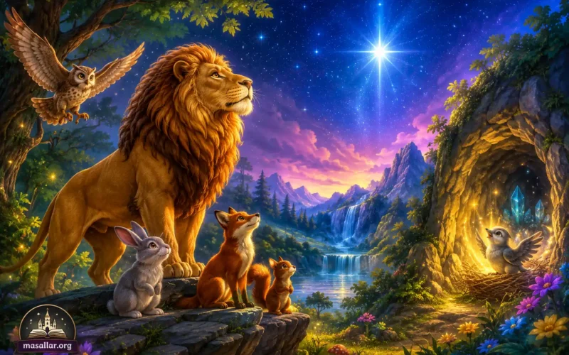 Ormanlar Kralı Aslan masalını anlatan fantastik illüstrasyonda aslan, tavşan, tilki, sincap ve baykuş, parlayan yıldızın altında büyülü ormanda yer alıyor.