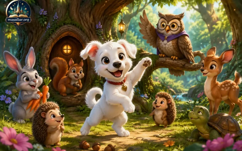 Casper adlı sevimli beyaz köpeğin tavşan, sincap, baykuş ve diğer orman dostlarıyla eğlendiği fantastik çocuk masalını anlatan renkli yatay illüstrasyon.