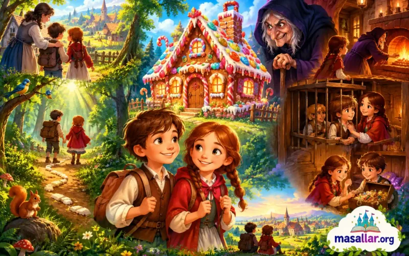 Hansel ve Gretel masalı, ormanda şeker evle karşılaşan iki kardeşin fantastik macerasını anlatan masalsı illüstrasyon
