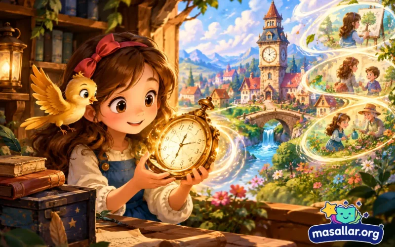 Tersine Akan Saat masalında sihirli saat tutan Lina ve altın kanatlı kuş, masalsı bir kasabanın önünde