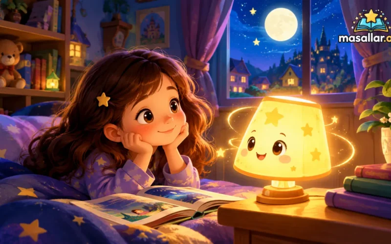 Gece Lambasının Işığı Masalı, odasında gece lambasının ışığında kitap okuyan çocuk