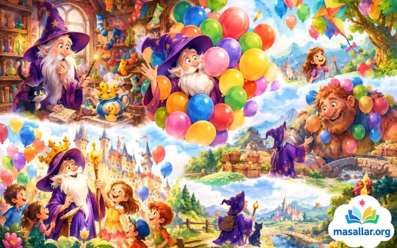 Büyü yapınca balon çıkaran büyücü, rengârenk balonlar, çocuklar ve dost canlısı devin yer aldığı masalsı suluboya illüstrasyonu.