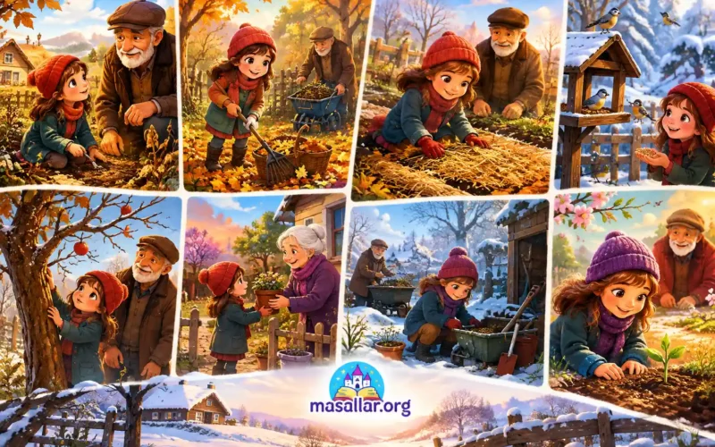 Elif ve dedesi, kışa hazırlanan bahçede yaprakları topluyor, bitkileri koruyor ve kuşlara yem veriyor.